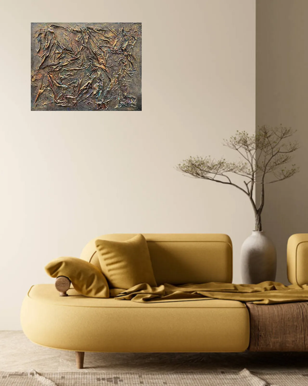 Image of "Birth in the folds of time" by Tetiana Kononenko (Tanta), size: 40х50 см, made of canvas on cardboard, silk, acrylic, marker, glue, varnish, Abstraction medium, from Sumy, part of the Fabric of Time series, priced at $120 Photo 2 of 4.