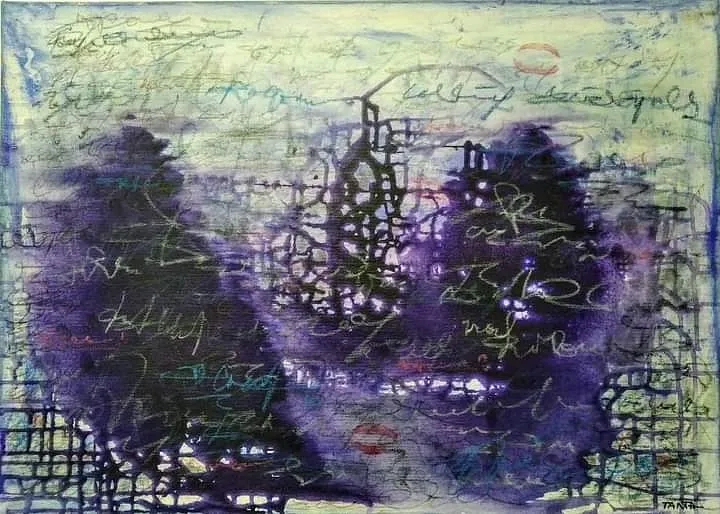 Image of "Dialogue" by Tetiana Kononenko (Tanta), size: 50х70 см, made of canvas, acrylic, pencil, pigment, pastel, lipstick, varnish, Abstraction medium, part of the Fabric of Time series