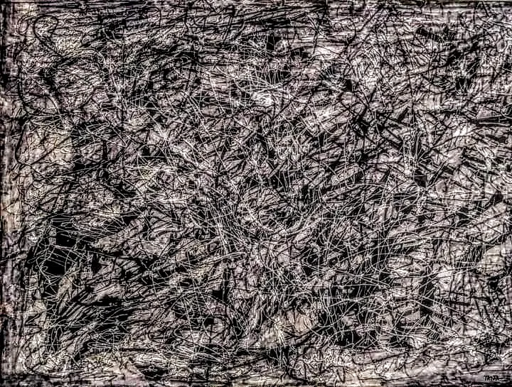 Image of "Winter in the city" by Tetiana Kononenko (Tanta), size: 60х80 см, made of MDF, paper, acrylic, marker, liner, pencil, glitter, glue, varnish, Abstraction medium, from Sumy, part of the Fabric of Time series, priced at $110 Photo 1 of 2.