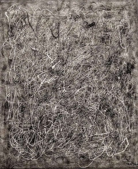 Image of "Chaos of thoughts" by Tetiana Kononenko (Tanta), size: 60х50 см, made of canvas, acrylic, pencil, eyeshadows, varnish, Abstraction medium, from Sumy, part of the Fabric of Time series, priced at $130