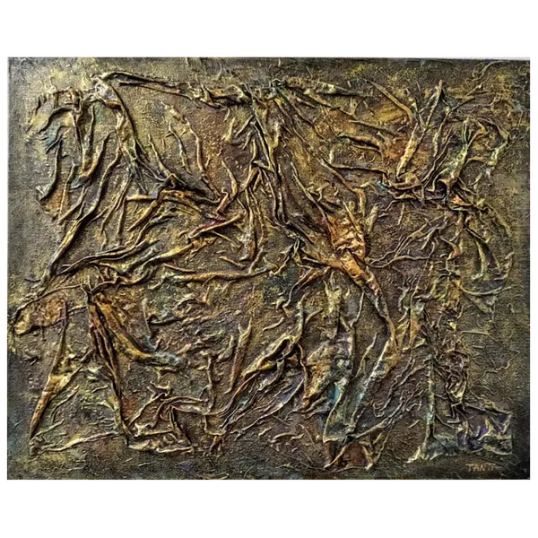 Image of "Birth in the folds of time" by Tetiana Kononenko (Tanta), size: 40х50 см, made of canvas on cardboard, silk, acrylic, marker, glue, varnish, Abstraction medium, from Sumy, part of the Fabric of Time series, priced at $120