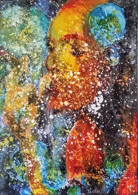 Image of "Reflections" by Tetiana Kononenko (Tanta), size: 60х40 см, made of silk, hot batik, acrylic, reserve, wax, batik medium, from Sumy, priced at $70