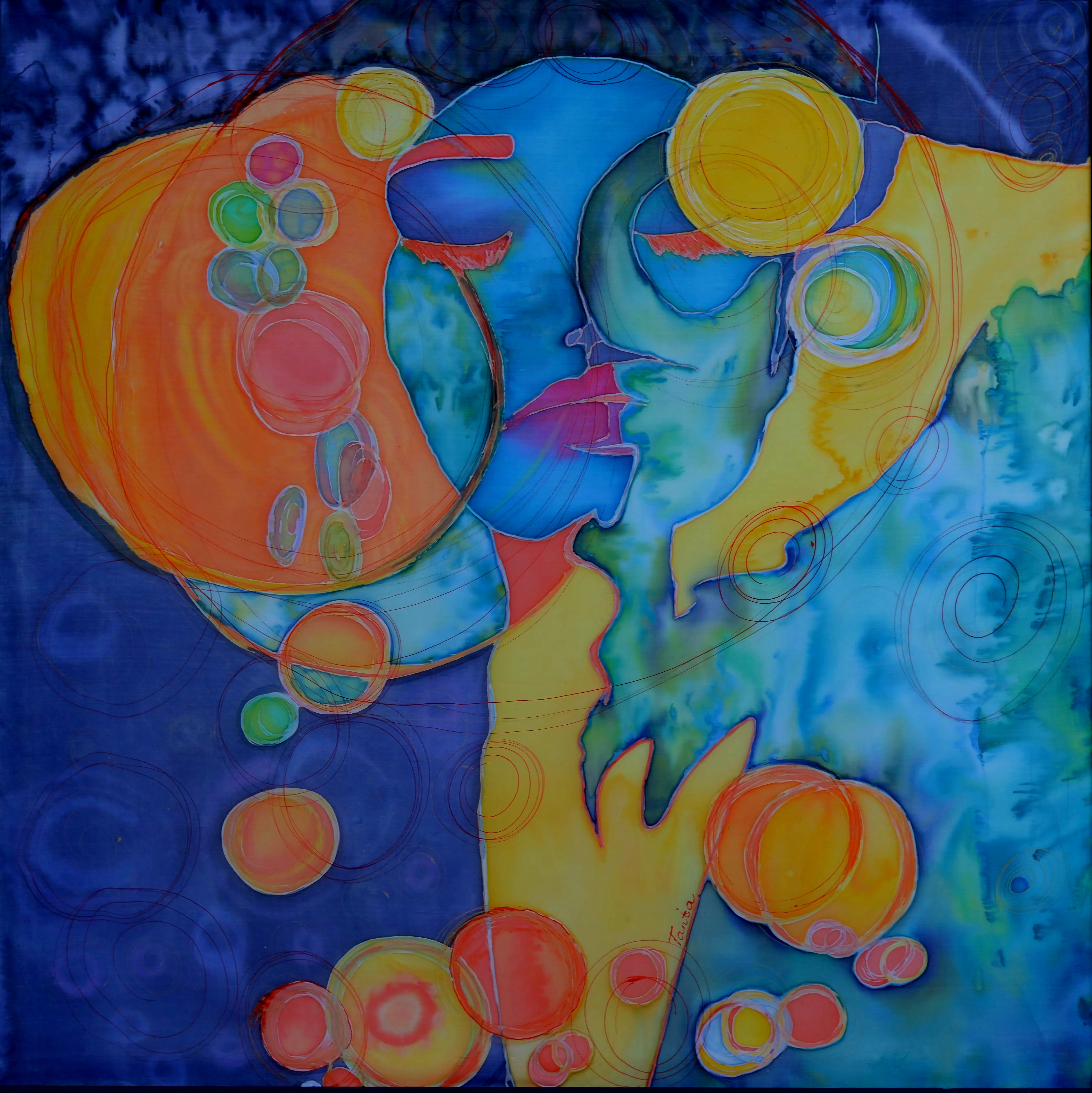 Image of "Transformation" by Tetiana Kononenko (Tanta), size: 87х87 см, made of silk, acrylic, contour, reserve, batik medium, from Sumy, priced at $150 Photo 1 of 2.