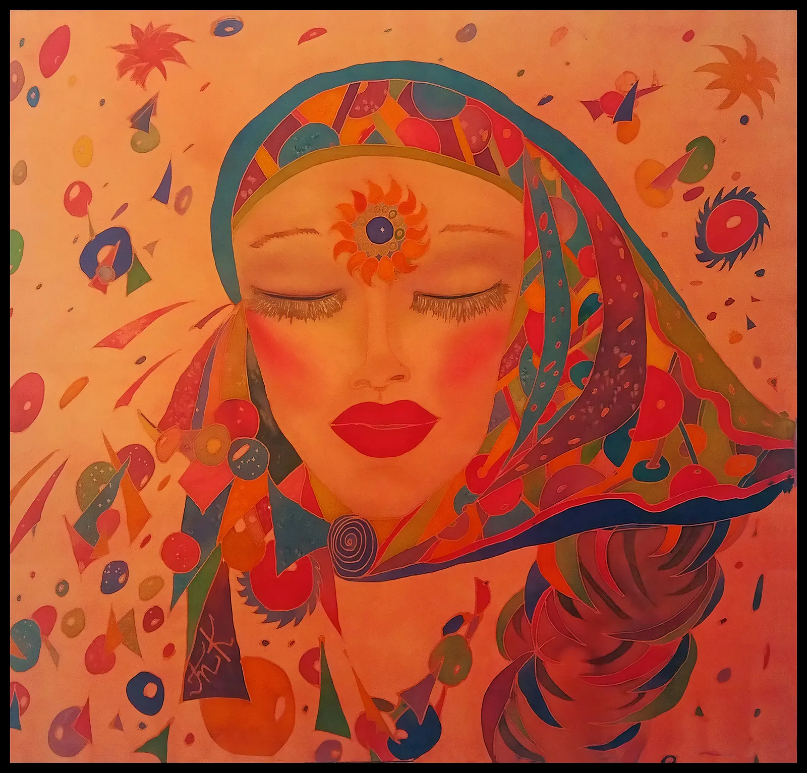 Image of "Thoughts", 2013 by Tetiana Kononenko (Tanta), size: 68х71 см, made of silk, aniline, reserve, batik medium, part of the "Batik" series, priced at $200 Photo 1 of 5.