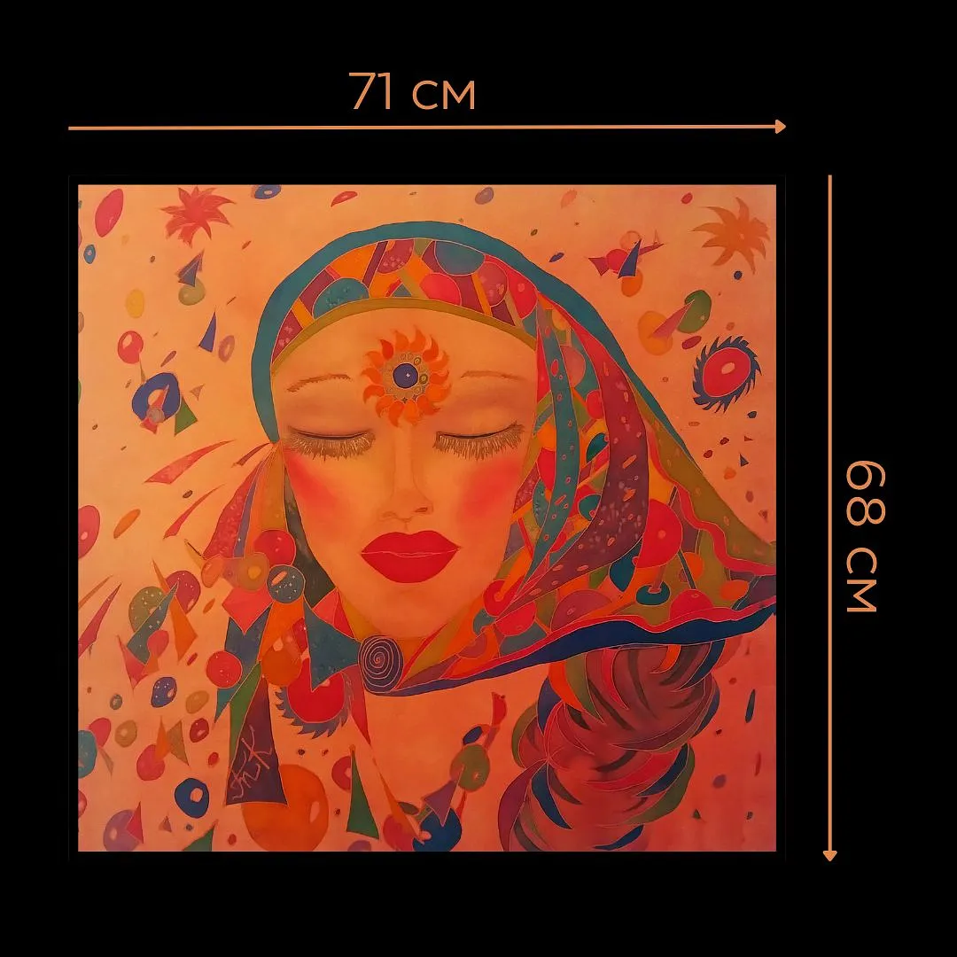 Image of "Thoughts", 2013 by Tetiana Kononenko (Tanta), size: 68х71 см, made of silk, aniline, reserve, batik medium, part of the "Batik" series, priced at $200 Photo 3 of 5.
