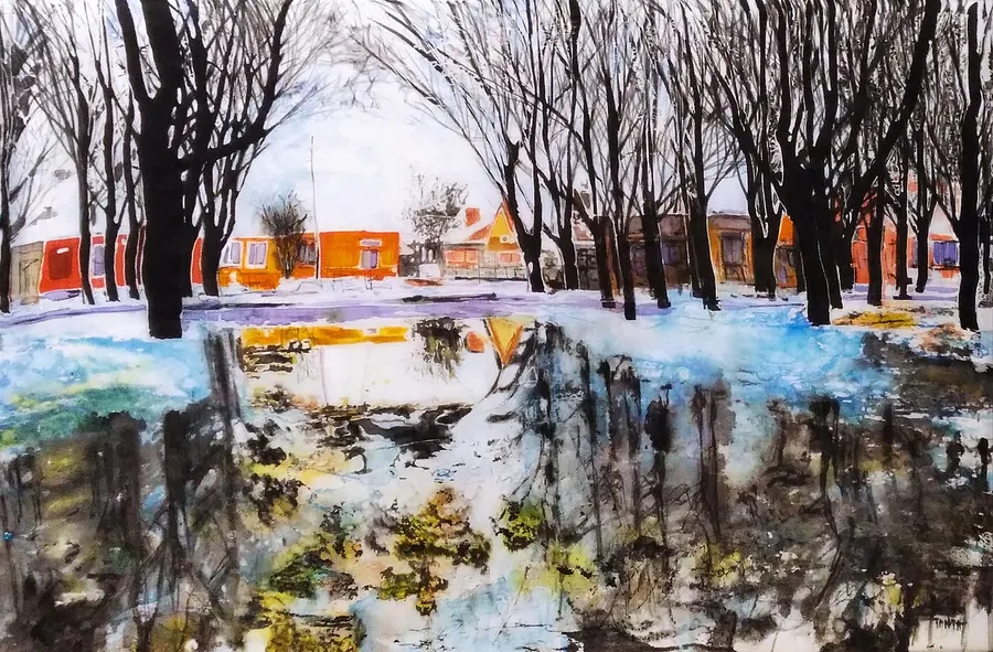 Image of "Puddle near my house" by Tetiana Kononenko (Tanta), size: 108х74 см, made of silk, acrylic, wax, salt, paraffin, reserve, fabric marker, batik medium, from Sumy, part of the "Batik" series, priced at $320 Photo 1 of 4.