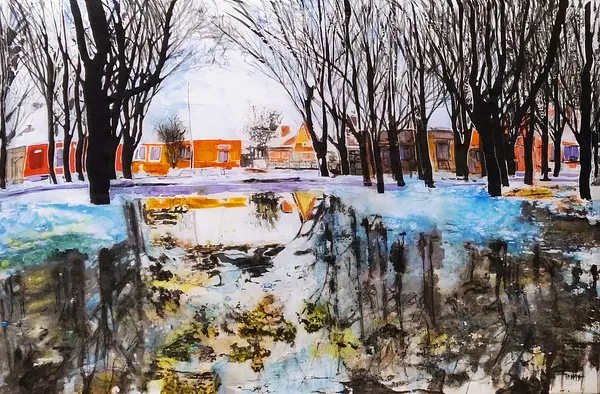 Image of "Puddle near my house" by Tetiana Kononenko (Tanta), size: 108х74 см, made of silk, acrylic, wax, salt, paraffin, reserve, fabric marker, batik medium, from Sumy, part of the "Batik" series, priced at $320 Photo 2 of 4.