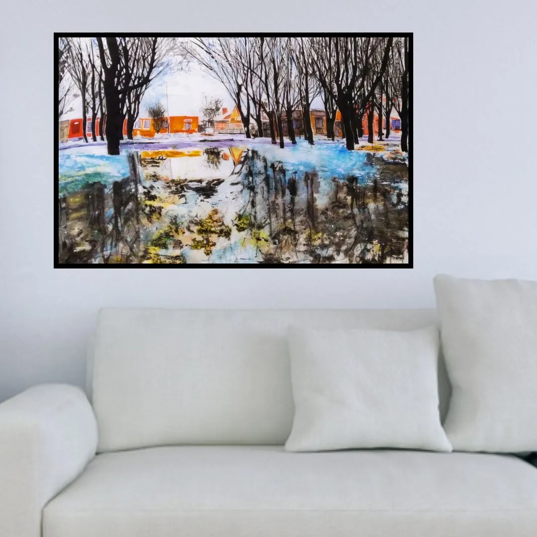 Image of "Puddle near my house" by Tetiana Kononenko (Tanta), size: 108х74 см, made of silk, acrylic, wax, salt, paraffin, reserve, fabric marker, batik medium, from Sumy, part of the "Batik" series, priced at $320 Photo 3 of 4.