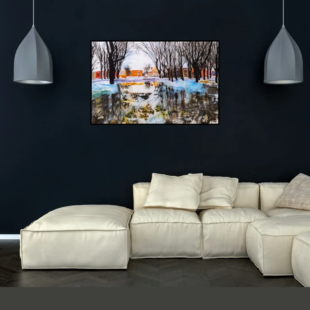 Image of "Puddle near my house" by Tetiana Kononenko (Tanta), size: 108х74 см, made of silk, acrylic, wax, salt, paraffin, reserve, fabric marker, batik medium, from Sumy, part of the "Batik" series, priced at $320 Photo 4 of 4.