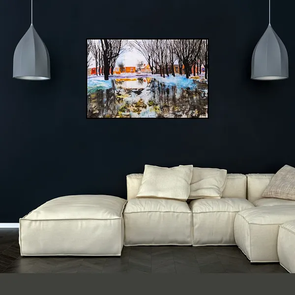 Image of "Puddle near my house" by Tetiana Kononenko (Tanta), size: 108х74 см, made of silk, acrylic, wax, salt, paraffin, reserve, fabric marker, batik medium, from Sumy, part of the "Batik" series, priced at $320 Photo 4 of 4.