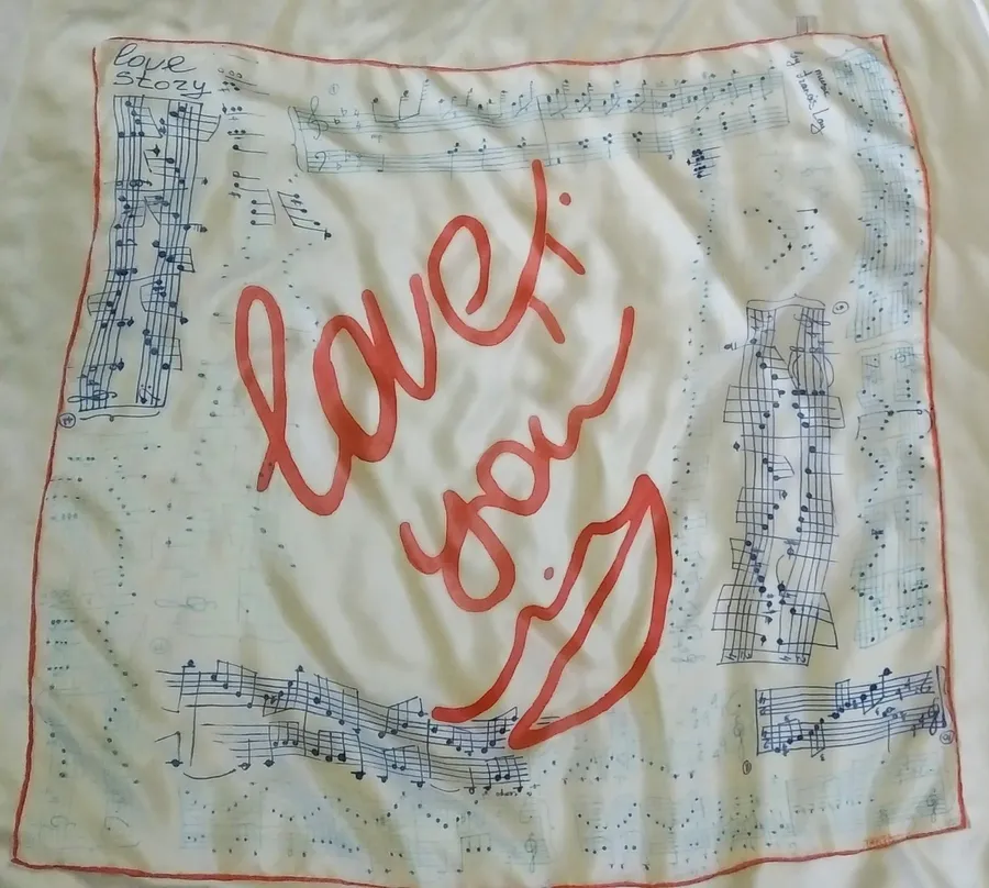 Image of Scarf "Love story. Music by Frаncis Lay" by Tetiana Kononenko (Tanta), size: 89х89 см, made of silk 100%, acrylic for silk, resist, textile marker, batik medium, part of the "Batik" series Photo 1 of 5.