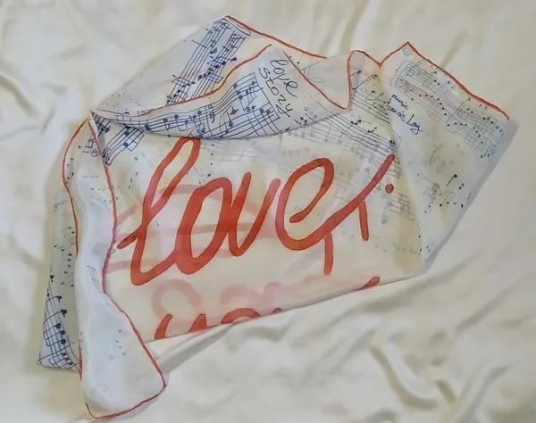 Image of Scarf "Love story. Music by Frаncis Lay" by Tetiana Kononenko (Tanta), size: 89х89 см, made of silk 100%, acrylic for silk, resist, textile marker, batik medium, part of the "Batik" series Photo 2 of 5.