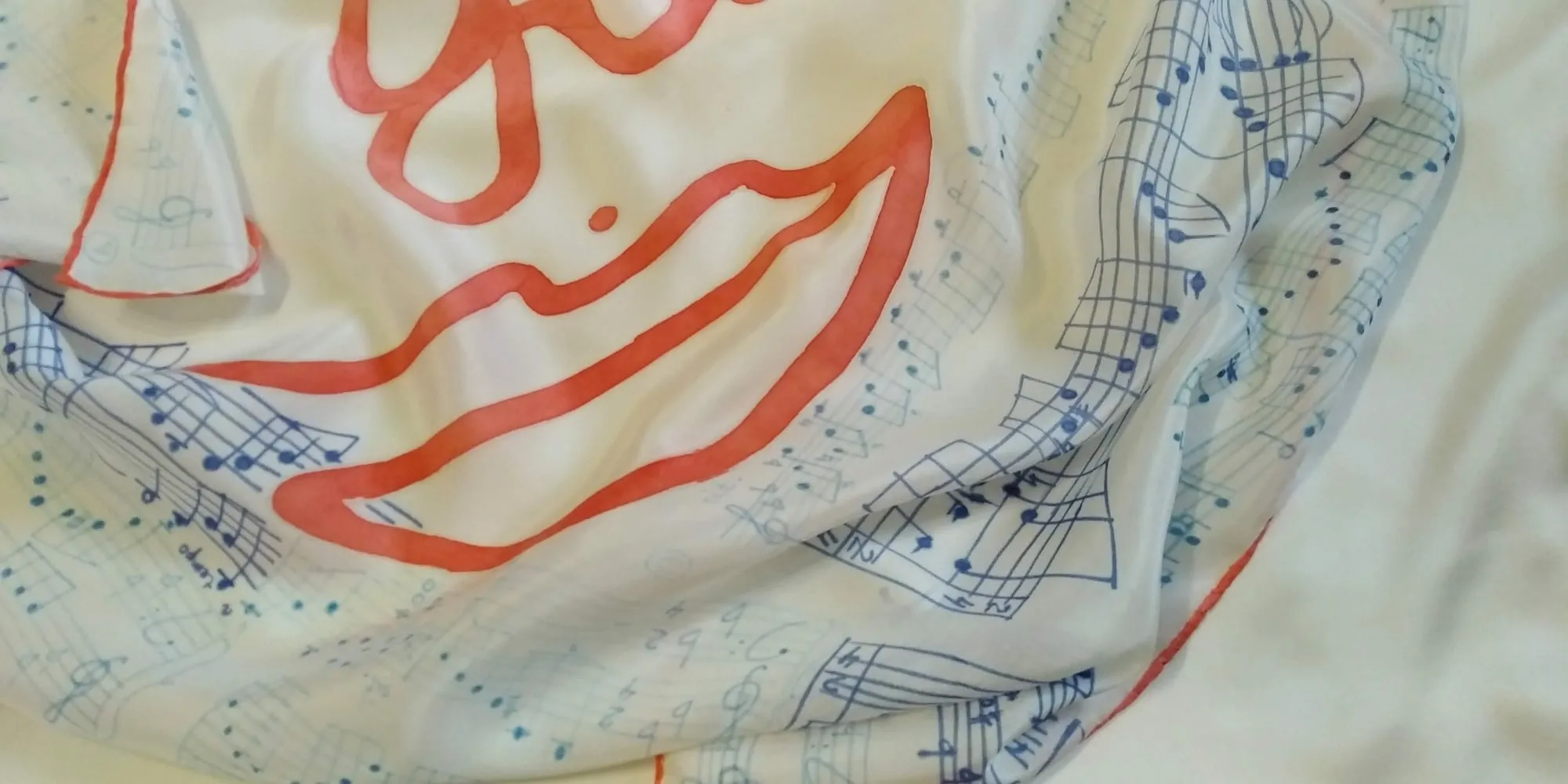 Image of Scarf "Love story. Music by Frаncis Lay" by Tetiana Kononenko (Tanta), size: 89х89 см, made of silk 100%, acrylic for silk, resist, textile marker, batik medium, part of the "Batik" series Photo 4 of 5.